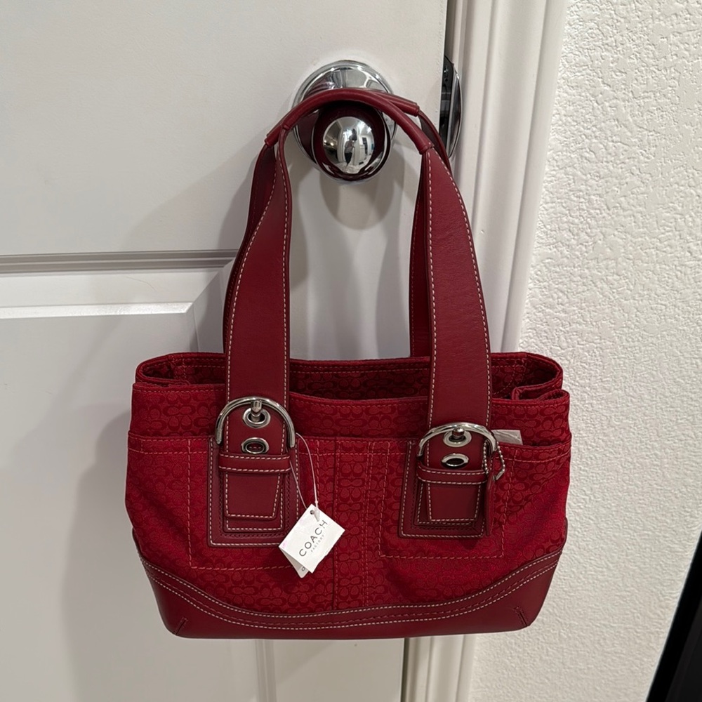 Coach Red Shoulder Bag with Textured Fabric and Structured Shape
